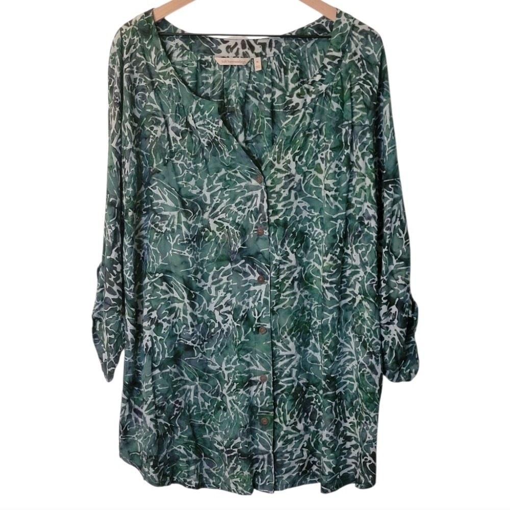 Soft Surroundings‎ Womens Green Watercolor Print Vneck Button Up Tunic XL